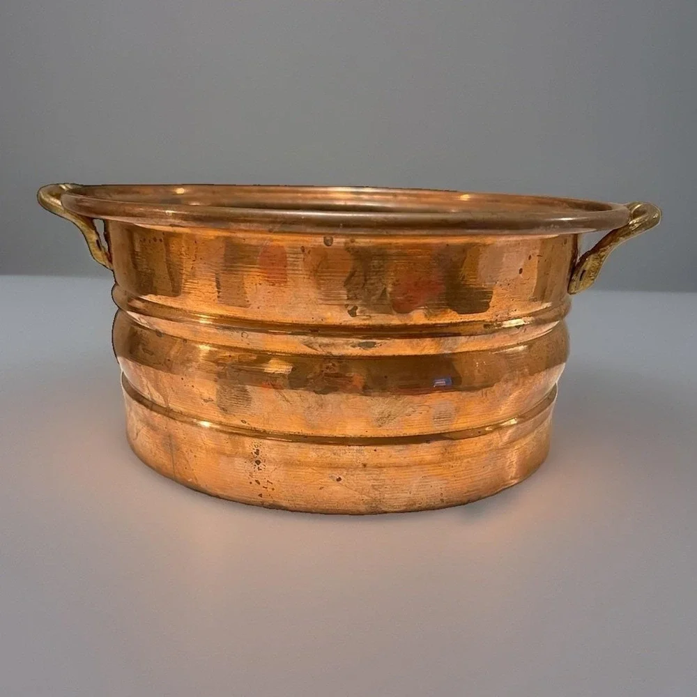 Vintage Copper Planter Cachepot Brass Handles